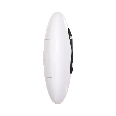White oval-shaped ergonomic remote control with black buttons for vibrating cock ring device