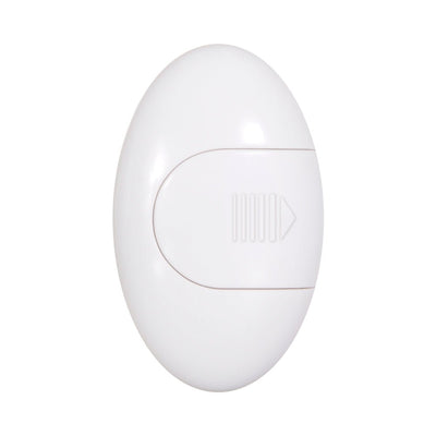White oval ergonomic remote control for vibrating silicone cock ring with textured button and arrow design.