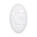 White oval ergonomic remote control for vibrating silicone cock ring with textured button and arrow design.