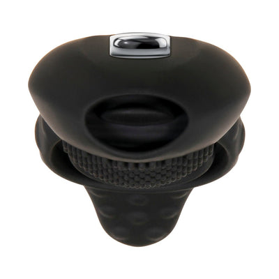 Black silicone vibrating cock ring with textured nubs and chrome-finished control button, designed for enhanced stimulation.