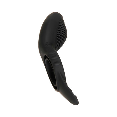 Black silicone vibrating cock ring with textured tongue-flicking surface and dual-ring design for enhanced stimulation.
