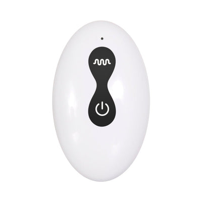 White oval remote control with black buttons for vibration and power functions.