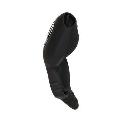 Black silicone vibrating cock ring with textured stimulation and dual rings for secure fit and enhanced pleasure.