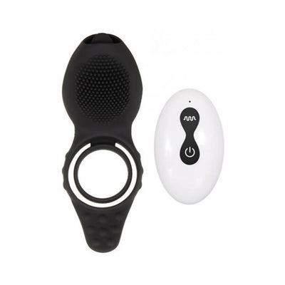 Black silicone vibrating cock ring with textured surface and dual rings, shown with white ergonomic remote control.
