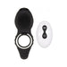 Black silicone vibrating cock ring with textured surface and dual rings, shown with white ergonomic remote control.