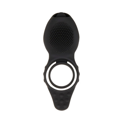 Black silicone vibrating cock ring with textured stimulation surface and dual rings for secure fit.
