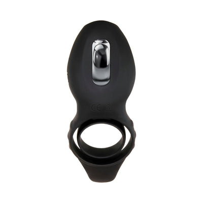 Black silicone vibrating cock ring with chrome accent and dual rings for secure fit.