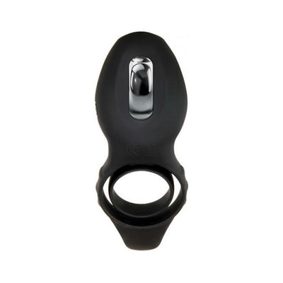 Black silicone vibrating cock ring with dual rings and chrome-finished tongue flicker detail.