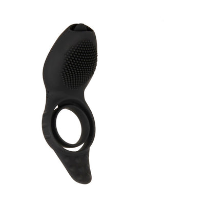 Black silicone vibrating cock ring with textured stimulation surface and dual rings for secure fit.