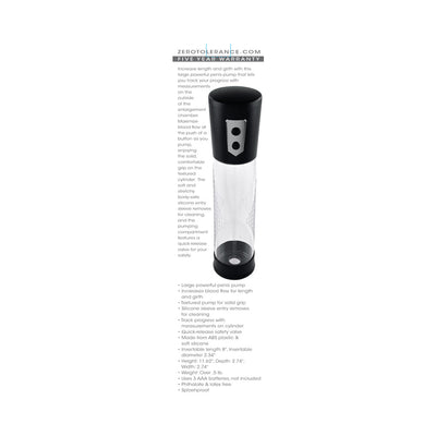 Black and clear large penis pump with textured grip, measurement markings, and removable silicone sleeve for cleaning.