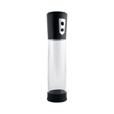 Black and clear large penis pump with measurement markings and control buttons on the top section.