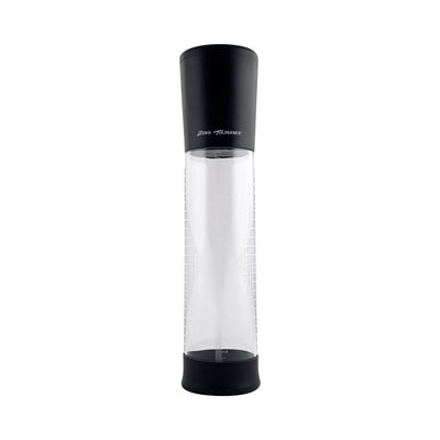 Black and clear large penis pump with measurement markings and textured grip cylinder by Zero Tolerance