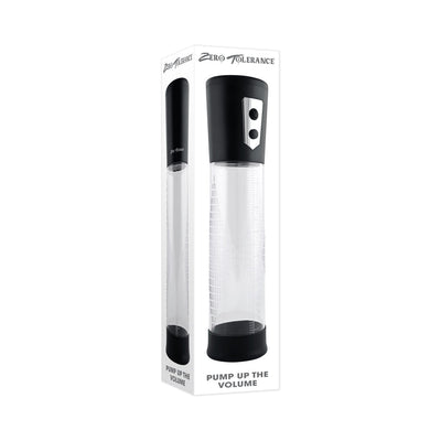 Black and clear large penis pump with measurement markings and textured grip, shown in branded packaging.