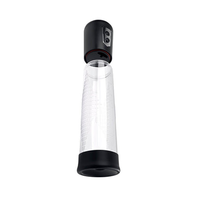 Black and clear large penis pump with textured grip and measurement markings on the cylinder.