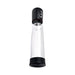 Black and clear large penis pump with textured grip and measurement markings on the cylinder.