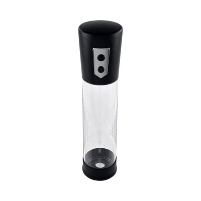 Black and clear large penis pump with textured grip and measurement markings on the cylinder.