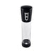 Black and clear large penis pump with textured grip and measurement markings on the cylinder.
