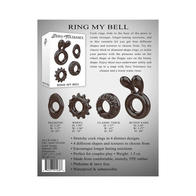 Set of four black stretchy cock rings in distinct shapes including diamond, wheel, classic thick, and bunny ears with product details and packaging.