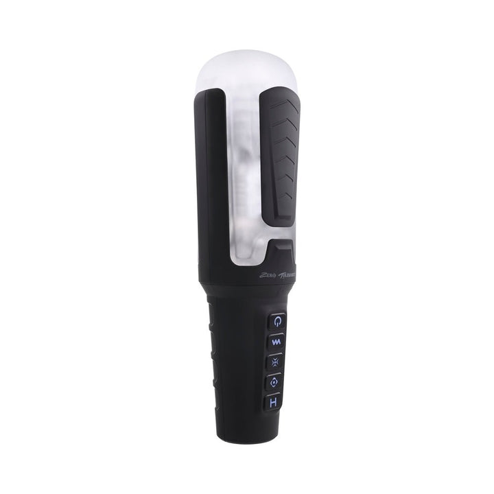 Black and white ergonomic stroker with squeeze grips and control buttons on the handle against a white background.