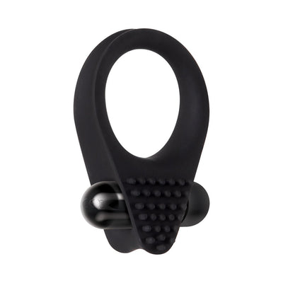 Black vibrating cock ring with textured nubs and a smooth bullet vibrator, made from soft stretchy material.