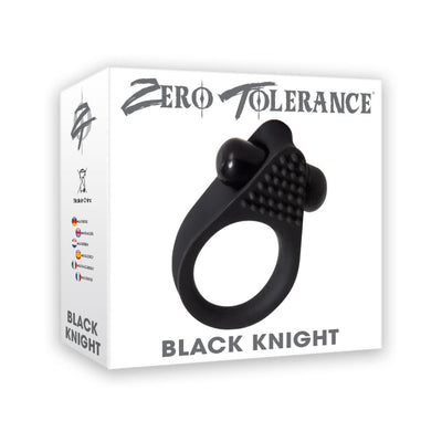 Black Knight vibrating cock ring with textured nubs and dual motors shown on white Zero Tolerance branded packaging.