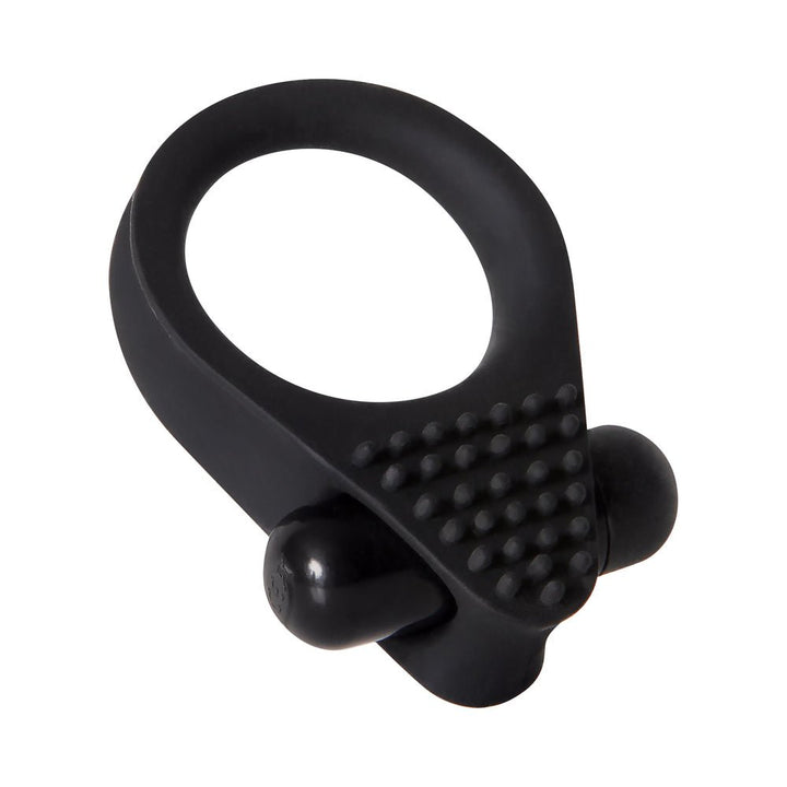 Black vibrating cock ring with textured nubs and a small bullet vibrator for enhanced stimulation.