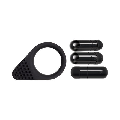 Black vibrating cock ring with textured stimulation area and three small bullet vibrators on a white background.