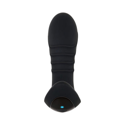 Black silicone prostate massager with ergonomic ridges and illuminated one-button control on the base.