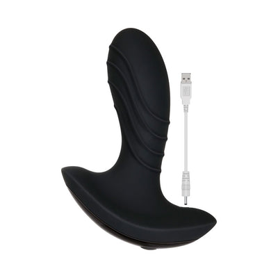 Black rechargeable prostate massager with curved silicone shaft and USB charging cable on a white background.