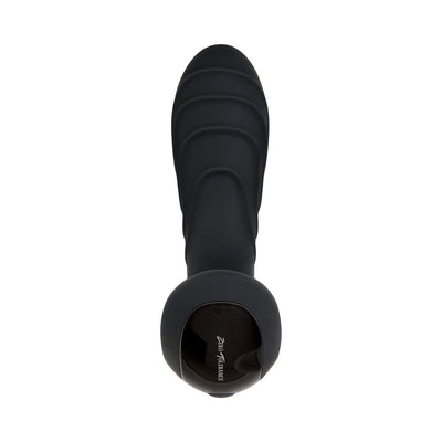Black silicone rechargeable prostate massager with ergonomic curved shaft and glossy control base.