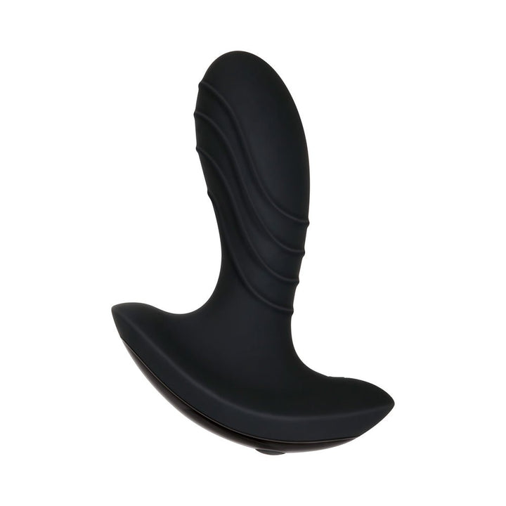 Black silicone prostate massager with ergonomic curved design and textured ridges, featuring a glossy base with one-button control.