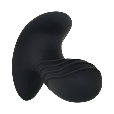 Black silicone prostate massager with curved shape and textured ridges for targeted stimulation.