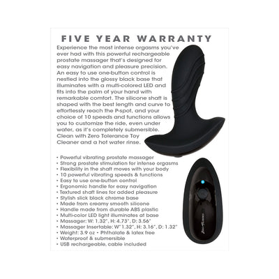 Black rechargeable prostate massager with ergonomic curved silicone shaft and LED-lit base, shown with product features and warranty details.