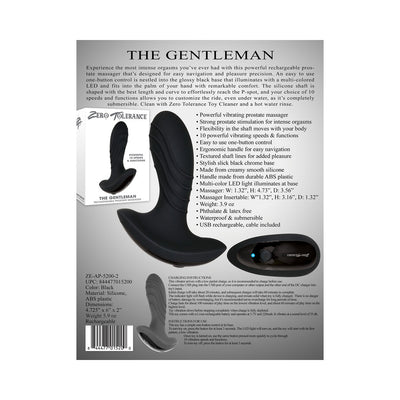 Black rechargeable prostate massager with ergonomic curved silicone shaft and LED-lit glossy base shown with packaging and product details.