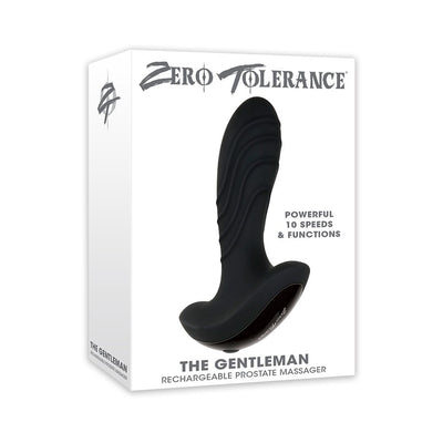 Packaging box of ZT The Gentleman rechargeable prostate massager with black curved silicone design and 10 speed settings shown.