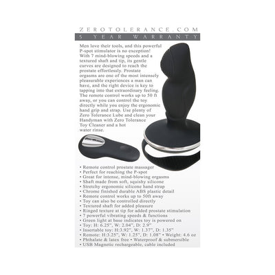 Black ergonomic prostate stimulator with textured shaft and remote control, designed for targeted P-spot pleasure.