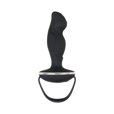 Black ergonomic prostate stimulator with textured tip and curved handle for easy control and comfort.