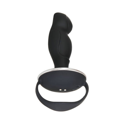 Black ergonomic prostate stimulator with textured tip and curved handle for easy control and remote use.