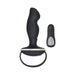 Black ergonomic prostate stimulator with textured tip and remote control, designed for targeted pleasure and easy handling.