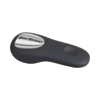 Black ergonomic prostate stimulator with silver accent and Zero Tolerance branding, featuring remote control button.