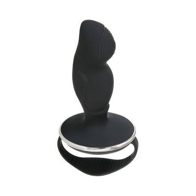 Black ergonomic prostate stimulator with textured tip and flexible handle on a white background.