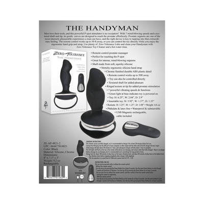Black ergonomic prostate stimulator with textured shaft, remote control, and USB magnetic charging cable shown with packaging and product details.