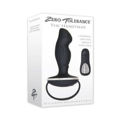 Packaging of Zero Tolerance The Handyman Black prostate stimulator with remote control, featuring silicone material and rechargeable design.