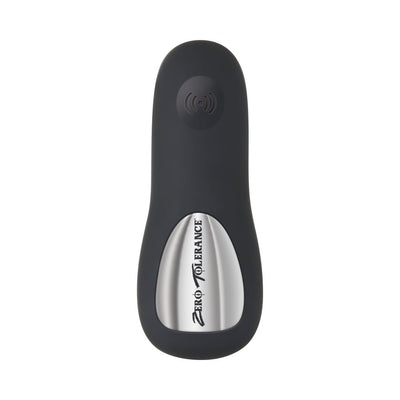 Black ergonomic prostate stimulator with silver accent and Zero Tolerance logo on white background.
