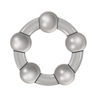 Translucent smoke-colored beaded cock ring with five rounded nodes for enhanced stimulation and comfort.