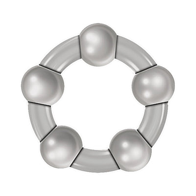 Translucent smoke-colored beaded cock ring with five rounded nodes for enhanced stimulation and comfort.
