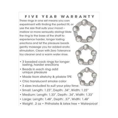 Three translucent smoke-colored beaded cock rings in small, medium, and large sizes with product features and warranty details.