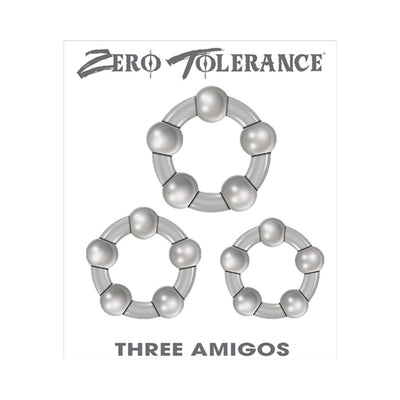 Three translucent smoke-colored beaded cock rings in small, medium, and large sizes from Zero Tolerance Three Amigos set.
