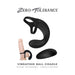 Black silicone vibrating ball cradle with double rings, remote control, and demonstration on a flesh-tone model.