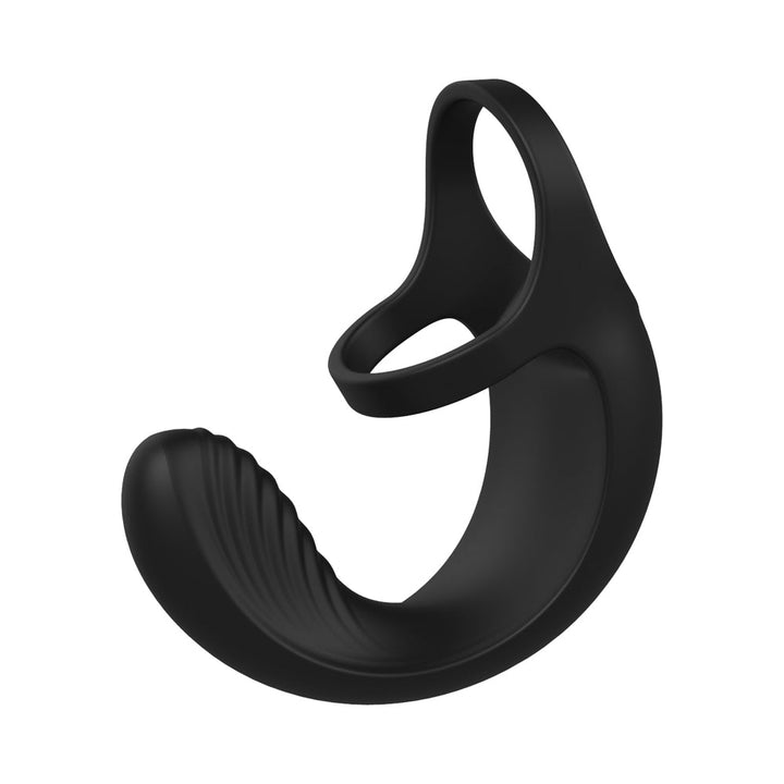 Black silicone vibrating ball cradle with dual rings and textured curved design for comfort and stimulation.